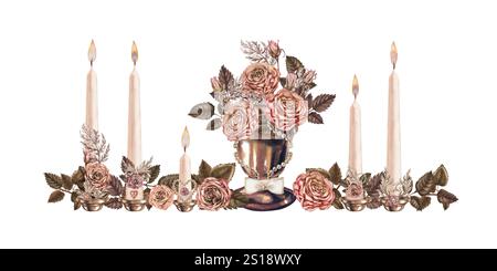 Vintage-Set aus Kerzenleuchtern, Kerzen mit brennenden Flammen, Herzsymbolen, Perlen, Bronzevase mit rosa-braunen Rosen in einer zarten Mokka-Mousse-Palette. Stockfoto