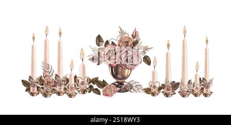 Vintage-Set aus Kerzenleuchtern, Kerzen mit brennenden Flammen, Herzsymbolen, Perlen, Bronzevase mit rosa-braunen Rosen in einer zarten Mokka-Mousse-Palette. Stockfoto