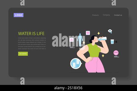 Gesundes Lifestyle-Konzept. Frau Trinkwasser verbessert Wellness, umgeben von lebendigen Gesundheitssymbolen. Hydration für den Körper. Vektorabbildung. Stock Vektor