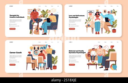 Psychotherapeuten-Set. Beratung für verschiedene Lebensherausforderungen. Themen wie Kreativität, Liebe, Karriere und Familie. Vektorabbildung. Stock Vektor