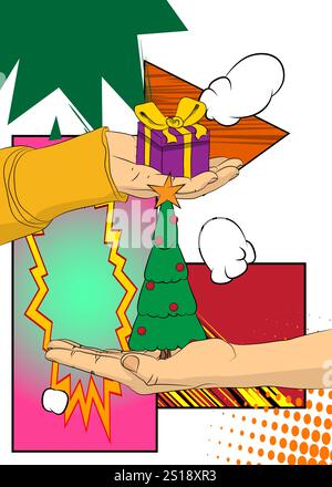 Comic, Comic-Buch menschliche Hände mit Geschenkbox und weihnachtlich dekorierte Kiefer. Retro-Vektor-Comics Pop-Art-Design. Stock Vektor