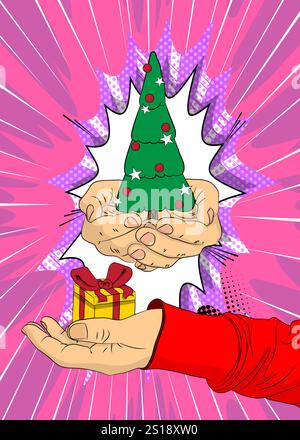 Comic, Comic-Buch menschliche Hände mit Geschenkbox und weihnachtlich dekorierte Kiefer. Retro-Vektor-Comics Pop-Art-Design. Stock Vektor