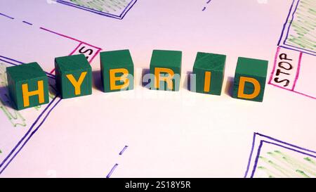 Single Word HYBRID in Blockbuchstaben mit Holzwürfeln, Begriff im Auto verwendet, mit Hintergrundzeichnung der Straße in der Stadt. Stockfoto