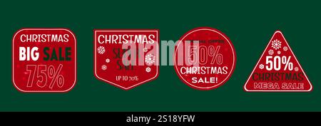 Weihnachtsschilder – geometrische Aufkleber mit Rabatt bieten bis zu 75 % auf roten Rahmen. Sammlung von Schneeflocken verzierten Abzeichen, Mega-Werbebändern für Feiertage und Sonderpreisetiketten. Stock Vektor