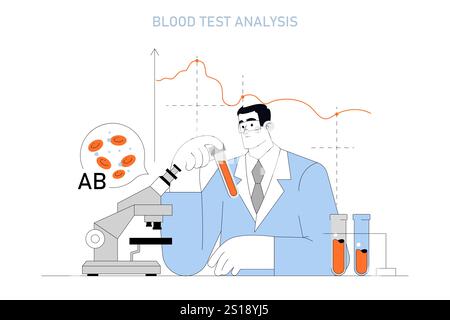 Blutspendertag-Konzept. Illustration eines Wissenschaftlers zur Analyse von Blutgruppen mit Proben und Mikroskop. Gesundheitsfürsorge und medizinisches Forschungsthema. Vektorabbildung. Stock Vektor