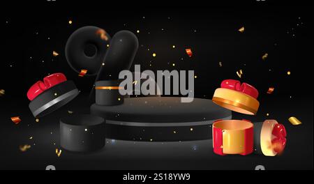 Schwarze Verkaufs-Displaykomposition mit eleganter runder Podiumsplattform, offene Geschenkboxen mit roten Schleifen, großes Prozent-Zeichen, fliegende goldene Konfetti auf dunklem Hintergrund. Präsentationsszene für Premium-Produkte Stock Vektor