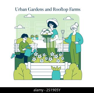 Konzept der grünen Infrastruktur. Die Bürger engagieren sich für städtische Gartenarbeit mit Dachfarmen, die die Nachhaltigkeit der Stadt verbessern. Initiative der grünen Gemeinschaft. Vektorabbildung. Stock Vektor