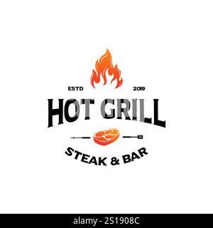 Vintage Hipster Grill Barbeque Einladung Party Barbecue bbq mit gekreuztem Gabelspachtel und Feuerflamme Logo Design Stock Vektor