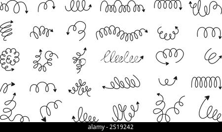 Spiralpfeile kritzeln. Flexible Federn, handgezeichnete Richtungssymbole. Endpfeil der schwarzen Metallspulen. Isolierte Wirbellinien und -Schläge, neoterisch Stock Vektor