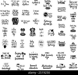 Handgezeichnete Phrasen mit schwarzem Schriftzug. Isolierte Drucke für Karten Poster Banner, Kleidung Design, Postkarten Dekoration. Sommerstimmung, Mutter Liebe, danke Stock Vektor