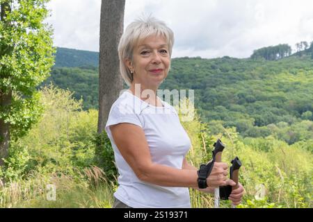 Ein erfahrener Wanderer erkundet das bergige Gelände mit Trekkingstöcken. Stockfoto