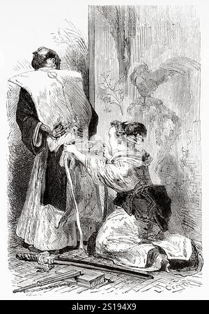 Als traditionelle Kleidung eines Yakunin war er ein Samurai, der offizielle Positionen im Tokugawa-Shogunat der japanischen Edo-Feudalzeit inne hatte. Japan. Zeichnung von Crepon. Reisen Sie nach Japan, 1863-1864 mit Aime Humbert (1819 - 1900) Le Tour du Monde 1867 Stockfoto