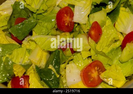 Ein gesunder Salat mit frischem Salat, Kirschtomaten und Gurkenscheiben, mit Dressing gewürzt. Stockfoto