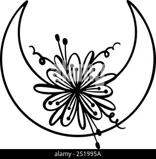 Blumenmond Clipart. Mondphase und Blumenset. Schwarzmondsymbol. Himmlische Sichel-isolierte Elemente. Handzeichnung der sichelförmigen Blume. Hexenboho-Mond Stock Vektor