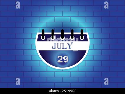 Eine digitale Illustration einer Kalenderseite mit dem 29. Juli. Der Kalender ist vor einem blauen Backsteinmauerhintergrund dargestellt Stock Vektor