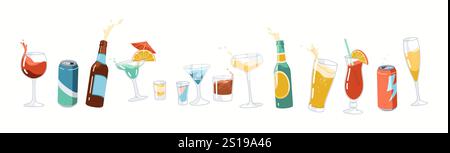 Getränke für Partysortiment flache Farbe Vektor Objekte Set. Gläser Flaschen und Blechdosen mit Getränkebildationen auf weißem Hintergrund Stock Vektor