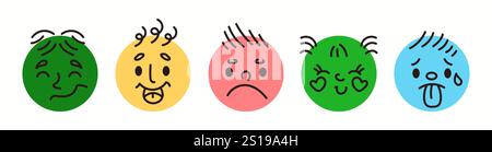 Unterschiedliche Gefühle mit Emojis Doodle Flat Color Vektor Symbol Set ausdrücken. Social-Media-Reaction-Schild-Illustrationen auf weißem Hintergrund Stock Vektor
