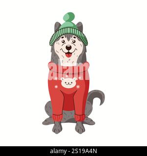Glücklicher Husky trägt Hut und Pullover flache Farbe Vektor Charakter. Flauschiger Haustierfreund in warmer Winterkleidung sitzende Illustration auf weißem Hintergrund Stock Vektor
