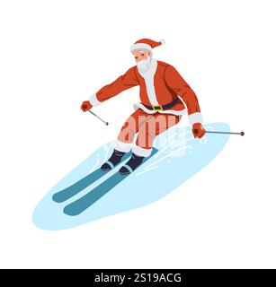 Santa Claus genießt Skifahren flache Farbe Vektor Charakter. Glücklicher Heiliger Nikolaus, der auf einem schneebedeckten Hügel reitet, Illustration auf weißem Hintergrund Stock Vektor