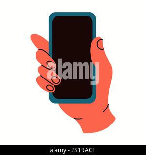 Handheld Smartphone mit leerem Bildschirm, flache Farbvektor-Illustration. Benutzer zeigt das Comic-Symbol für das Modell auf weißem Hintergrund an Stock Vektor