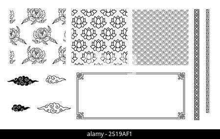 Kollektion mit traditionellen asiatischen Mustern und linearen Illustrationen. Chinesische Kultur dekorative Details Objekte auf weißem Hintergrund Stock Vektor