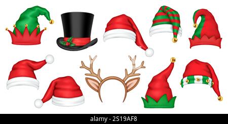 Festliche Weihnachtshüte realistische Farbsymbole. Santa Claus Elfen und Top-Hüte für lustige Party 3D Objekte bündeln sich auf weißem Hintergrund Stock Vektor