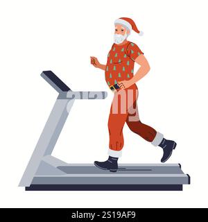 Lächelnder Weihnachtsmann läuft auf Laufband flache Farbe Vektor Charakter. Aktive Vorbereitung auf Weihnachtsfeierillustration auf weißem Hintergrund Stock Vektor