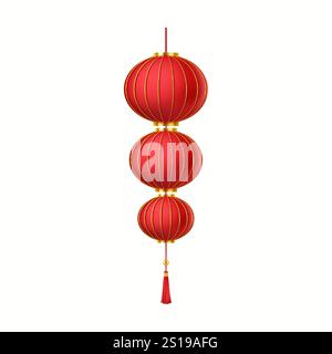 Dreifache chinesische Laterne aus Papier realistische Vektorillustration. Lunar Neujahrsfeier traditionelles Accessoire 3D-Objekt auf weißem Hintergrund Stock Vektor