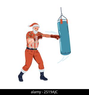 Starker Weihnachtsmann Stanzbeutel flache Farbe Vektor Charakter. St. Nicolas Boxtraining vor Weihnachtsfeiertag Illustration auf weiß Stock Vektor