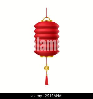 Asiatische Papierlaterne mit goldener Münze und Quaste realistische Vektorillustration. Magische Urlaubsatmosphäre mit dekorativer Lampe 3D Objekt auf weiß Stock Vektor