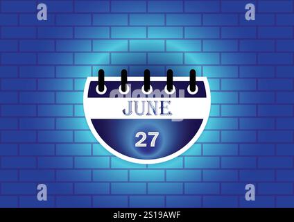 Eine stilisierte Kalenderseite mit dem 27. Juni. Das Design verfügt über einen runden Kalender vor einer blauen Ziegelwand, die mit einem sanften Schein hervorgehoben wird. Stock Vektor
