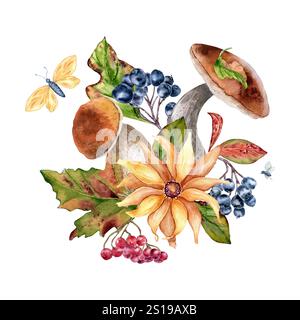 Herbstwaldpflanzen in Aquarellzusammensetzung mit Sonnenblumen, Pilzen und roten Beeren isoliert. Saisonale Illustration mit Bolete, schwarzer Arcoleberry Stockfoto