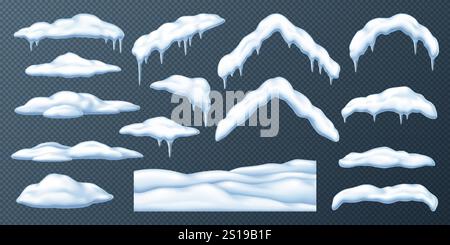 Schneehaufen kappen Schneeschwehungen und Eiszapfen realistische Farbsymbole. Winter Wunderland Dekorationen 3D Objekte bündeln sich auf transparentem Hintergrund Stock Vektor