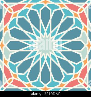 Ein kompliziertes islamisches geometrisches Muster mit einem strahlenden Sternenmotiv in Blau, Orange und Rosa mit feinen symmetrischen Details. Nahtloses Muster Stock Vektor