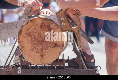 Sägen oder trontza, traditioneller navarra- und baskenlandsport. Die Teilnehmer zerschnitten den Stamm in Ringe, die einige Zentimeter dick sind Stockfoto
