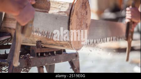 Sägen oder trontza, traditioneller navarra- und baskenlandsport. Die Teilnehmer zerschnitten den Stamm in Ringe, die einige Zentimeter dick sind Stockfoto