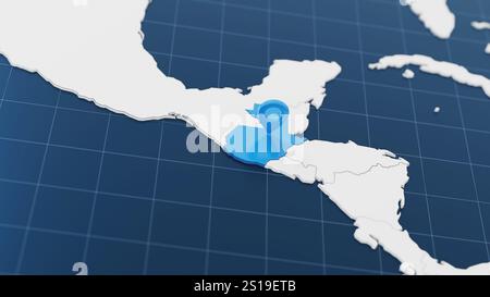 Blaue Guatemala 3D-Karte mit Pointer Pin, umgeben von anderen Ländern in weiß. Politische Karte mit Grenzen. 3D-Rendering-Abbildung Stockfoto