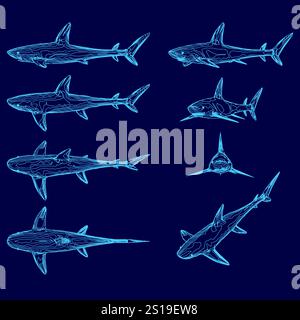 Serie blauer Zeichnungen von Haien. Die Zeichnungen haben alle unterschiedliche Größen und Winkel, aber sie haben alle die gleiche Grundform und die gleichen Features. Die Stimmung von t Stock Vektor