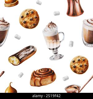 Nahtloses Muster mit Latte, Marshmallow, Schokoladeneklair, Keksen, Zimtbrötchen Illustration. Kaffee in einer Glasschale. Aquarellmalerei Stockfoto