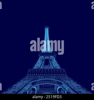 Das Bild ist eine blaue Zeichnung des Eiffelturms. Der Turm ist beleuchtet und er ist nachts, was ihm eine geheimnisvolle und romantische Atmosphäre verleiht. Der blaue Farbton Stock Vektor