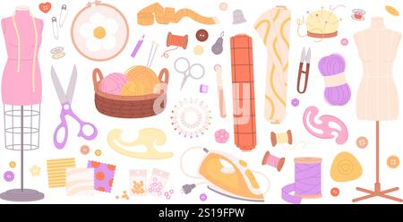 Handwerkzeuge. Kleidungsdesign und Nähwerkzeuge und Ausrüstung. Schaufensterpuppe, Schere, Stoffrollen. Gewebte Manufaktur, Perlen, rassige Vektorsatz Stock Vektor