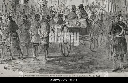 Die Gefangenen werden von der Armory zum Bahnhof transportiert, auf dem Weg nach Charleston, Virginia, zum Prozess. John Browns RAID 1859 Stockfoto
