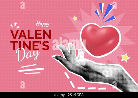 Halbton-valentinsbanner. 3D Herz in realistischer Hand Palme, Liebenden Tag Vintage Collagen Poster Romantik Liebe Hochzeit romantische Beziehungen oder Freundschaft Konzept Vektor Illustration Original Kunstwerk Stock Vektor