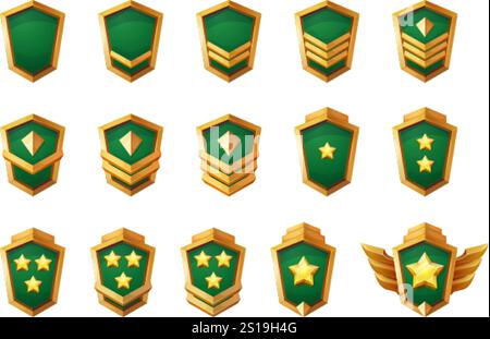 Spielsoldaten-Insignien. Militärrangabzeichen, Armee Polizist Chevron Streifen General Major Sergeant Captain Uniform Patch Symbol Logo Shooter Gaming Swanky Vektor Illustration Original Artwork Stock Vektor