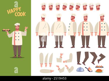 Animation des Küchenchefs. Hauptkoch Charakter Kreation Kit, Mann in Hut Schürze kocht Uniform Rückseite Vorderseite stehende Restaurantarbeiter, Cartoon Spiel Charaktere Klasse Vektor Illustration Original Kunstwerk Stock Vektor