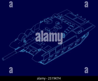 Blaue Zeichnung eines Tanks mit blauer Umrandung. Der Tank wird stilistisch dargestellt, wobei der Schwerpunkt auf Design und Struktur liegt. Konzept von Stärke und Pow Stock Vektor