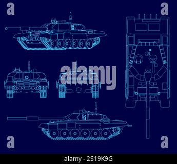 Blaue Zeichnung eines Tanks. Der Tank ist von vorn, hinten und von der Seite dargestellt Stock Vektor