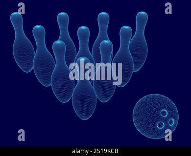 Bowlingspiel mit blauem Hintergrund und einer Bowlingkugel und einem Satz Bowlingnadeln Stock Vektor