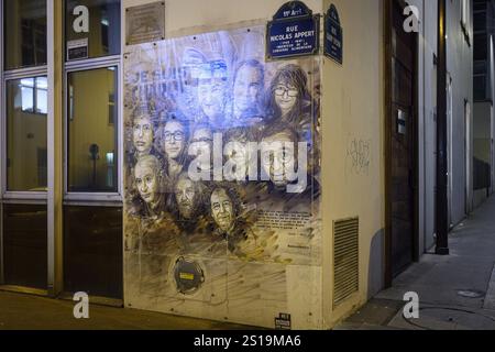 PARIS (75) (11 EME ARRONDISSEMENT) RUE NICOLAS APPERT, L'ARTISTE GRAFFEUR CHRISTIAN GUEMY (ALIAS C215) A PEINT UNE FRESQUE (PROTEGEE PAR UN PANNEAU TR Stockfoto