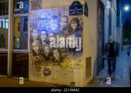 PARIS (75) (11 EME ARRONDISSEMENT) RUE NICOLAS APPERT, L'ARTISTE GRAFFEUR CHRISTIAN GUEMY (ALIAS C215) A PEINT UNE FRESQUE (PROTEGEE PAR UN PANNEAU TR Stockfoto